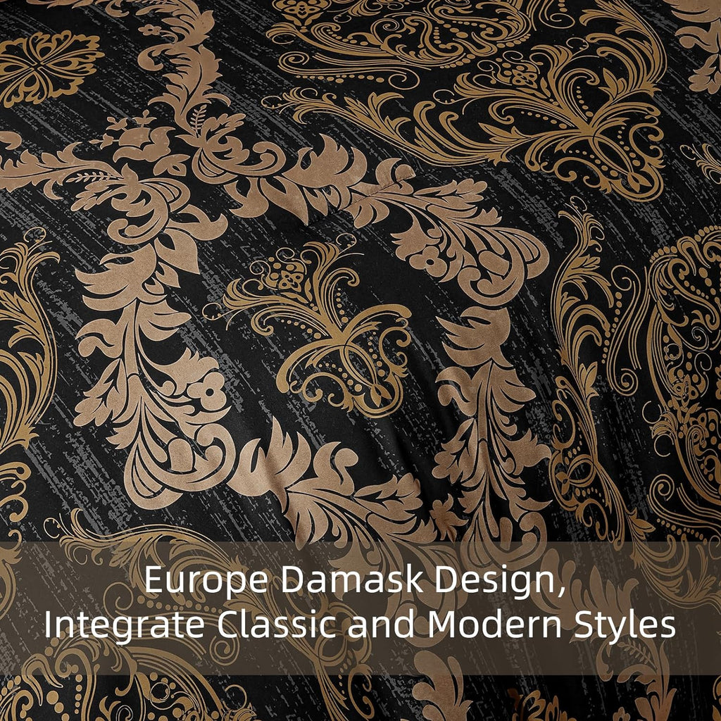 Black Comforter Set, Gold Damask Texture 7 Pieces Bed in a Bag Microfiber Comforter Bedding Sets-1 Comforter