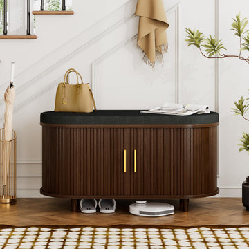 2-Tier Storage Bench, Wide Shoe Bench with Thickened Padded Seat Cushion, Mid Century Modern Fluted Sliding Door and