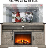 Farmhouse Fireplace TV Stand for TVs up to 65+ Inches, 33 Inch Tall Highboy Entertainment Center with 23 Inch Electric Fireplace and Sliding Barn Door, Rustic Oak