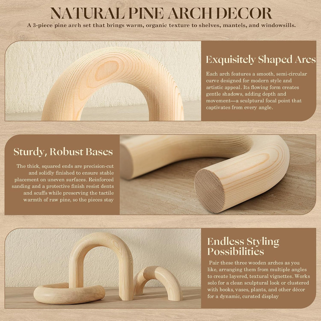 Pine Wood Arch Decor Set for Shelf Decor - Wood Sculpture for Coffee Table, Side Table & Console - Boho Decorative