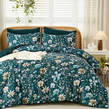 Queen Floral Comforter Set 7 Pieces, Teal Floral Comforter with Sheet Set, Flowers Leaves Pattern