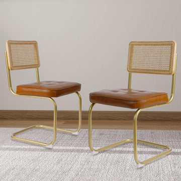 Natural Rattan Dining Chairs Set of 2, Upholstered Faux Leather Kitchen Chairs, Modern Dining Room Chairs with Solid