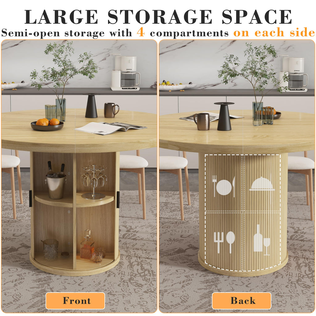 35.5'' Round Dining Table for 2-4, Small Dining Table with Storage Shelf, Modern Fluted Dining Room Table, Wood Base