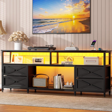 TV Stand with Fabric Drawers for 65 70 75 Inches TV - Entertainment Center with Open Storage Shelf, Power Outlets & LED Lights for Living Room, Bedroom, 63" TV Console Media Console, Black