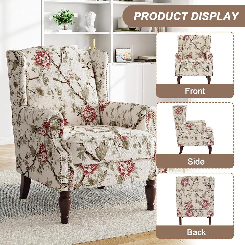High Back Floral Accent Chair - Retro Wingback Upholstered Armchair with Nailhead Trim, Solid Wood Legs, Fabric