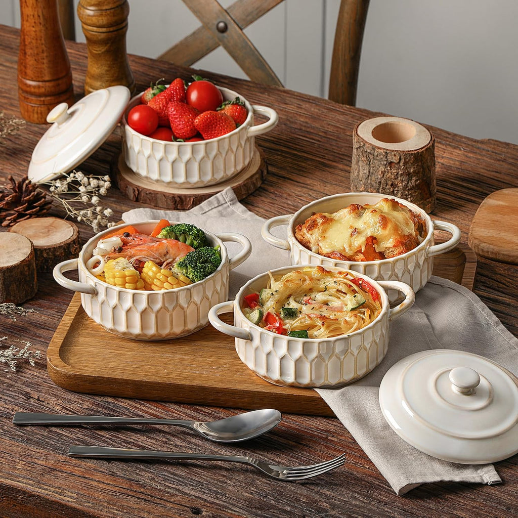Mini Cocotte Set of 4, 14 oz Ceramic Casserole Dishes with Lids | Individual Dishes for Mini Sourdough, French Onion