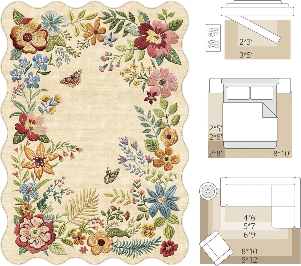 9x12 Floral Washable Area Rug Beige Neutral Vintage Flower Botanical Cottage Boho Cream Scalloped So