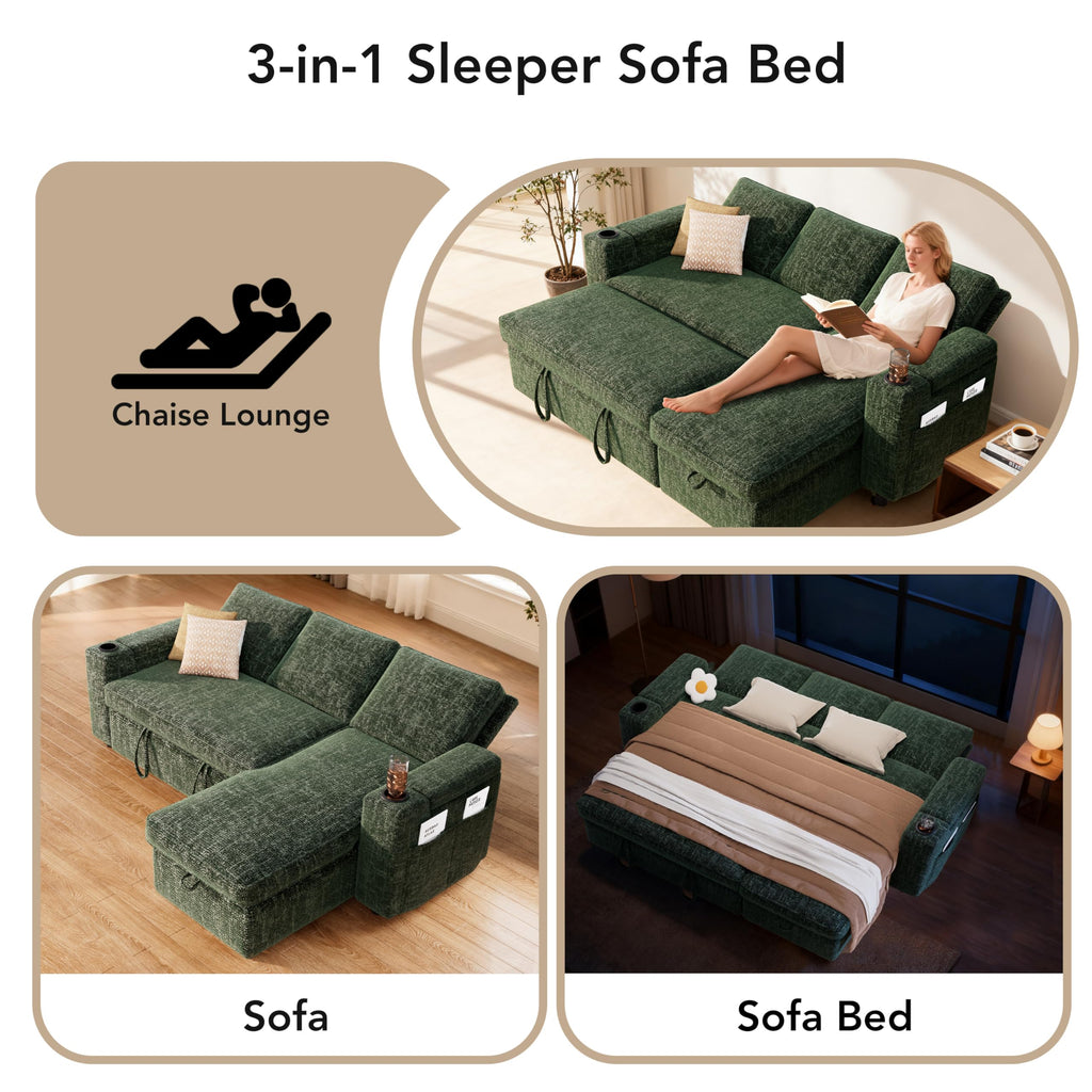 82" L-Shaped Sleeper Sofa with Pull Out Bed, Sectional Couch with Reclining Backrest, Reversible Storage Chaise