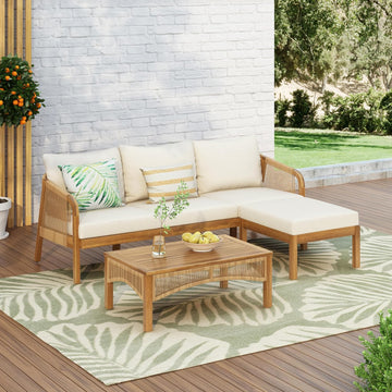 Havets 3 Pieces Acacia Wood Patio Furniture Set, Faux Rattan Sofa and Coffee Table, Outdoor Conversation Sets with 6"