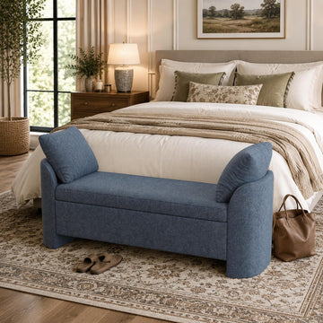 58.3" Upholstered Storage Ottoman Bench with 2 Throw Pillows, Beige | End of Bed Bench with Curved Arms and Thickened