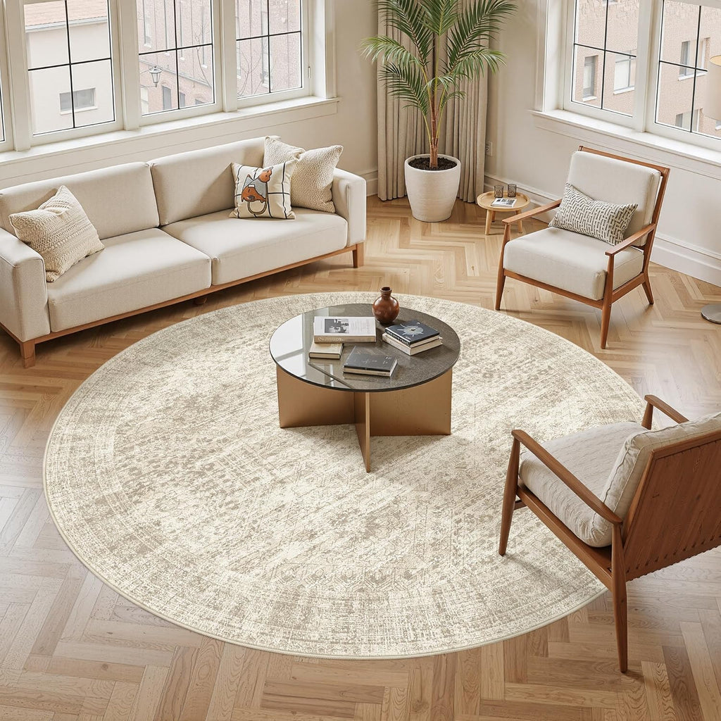 8x8 Beige Round Rug 8ft Living Room Circle Rug Vintage Round Area Rug Non Slip Indoor Carpet for Apa