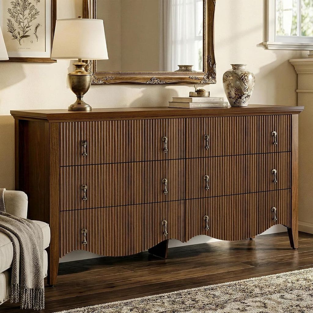6-Drawer Fluted Dresser, Wide Double Chest of Drawers,Walnut | Fluted Design, Horizontal Chest of Drawers