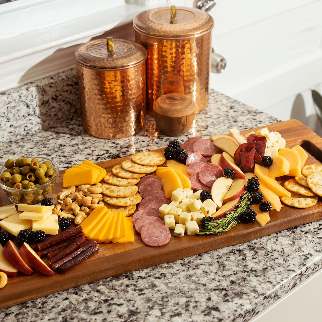 Large Acacia Serving Board with Handles, 36 x 12 Inch Rectangular Charcuterie Platter, Natural Wood Server for Meat