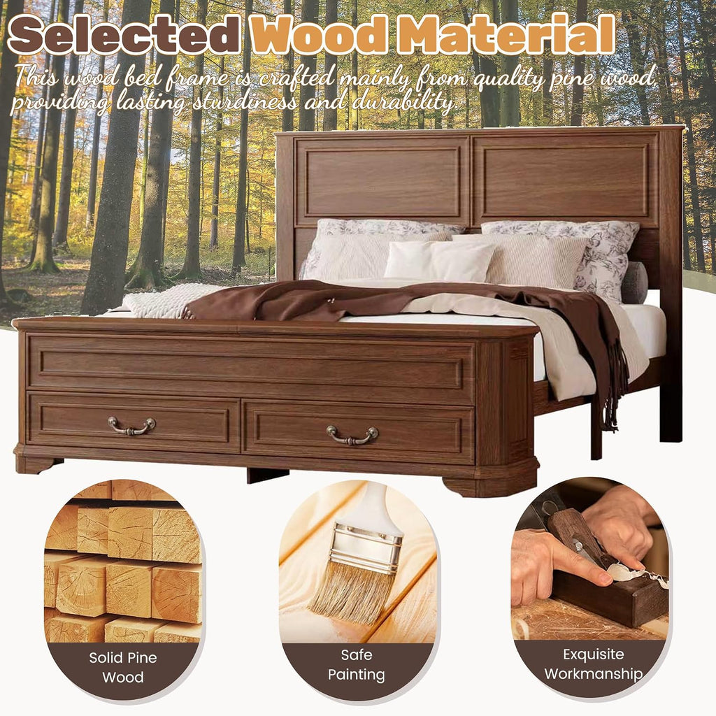 Farmhouse Queen Bed Frame with Tall Headboard, Rustic Solid Wood Platform Bed Queen with Storage Bench and 2 Large