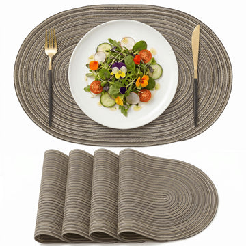 Brown Polyester Oval Braided Placemats Set of 4, 12 x 17.5 Inch Washable Non-Slip Heat Resistant Table Mats Dining