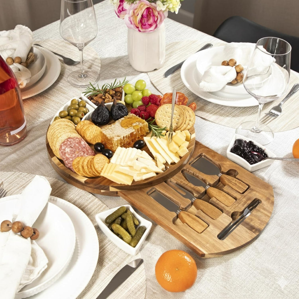 Acacia Cheese Board & Knife Set, Round Charcuterie Board with Ceramic Bowls, Hidden Slide-Out Drawer & Serving