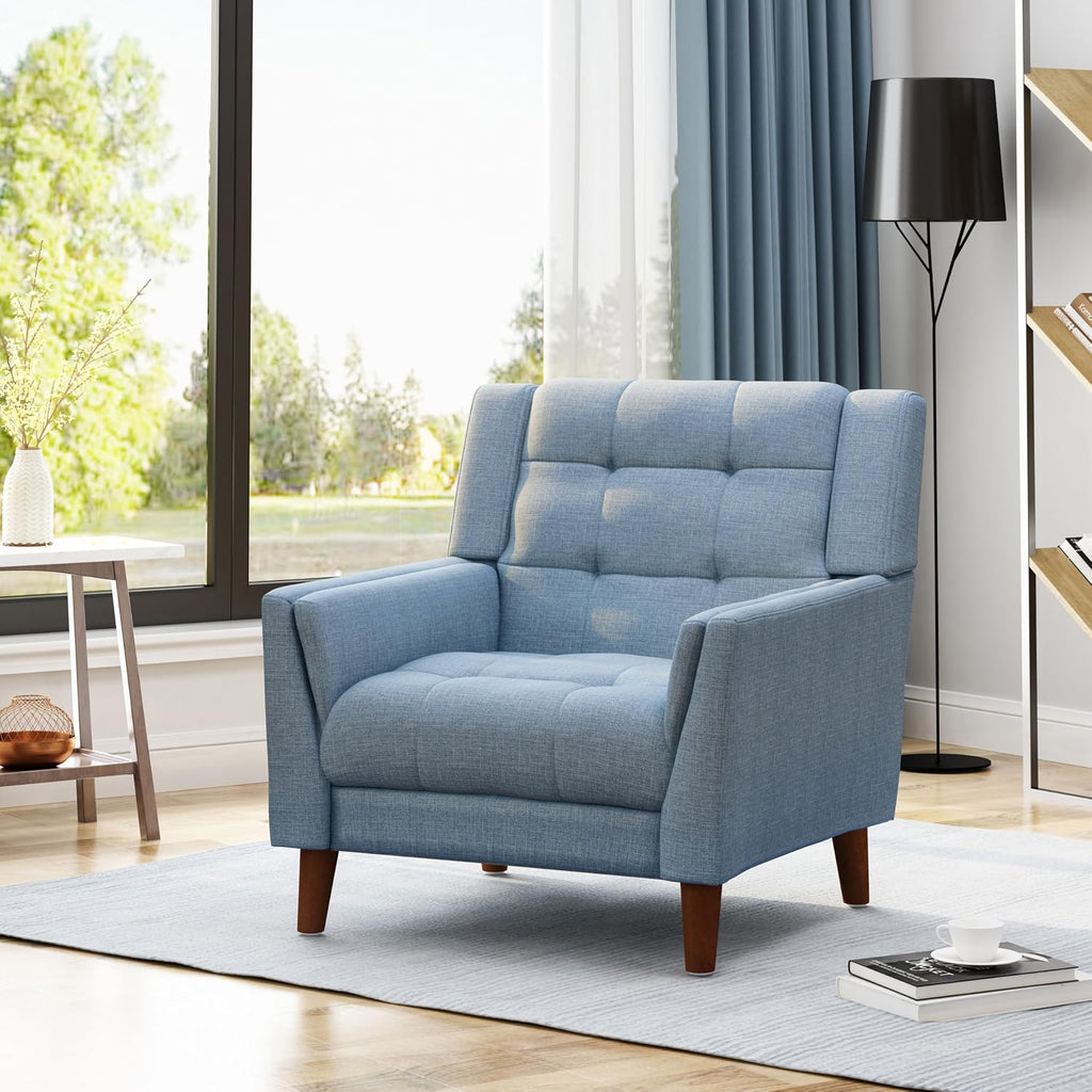 Alisa Mid Century Modern Fabric Arm Chair, Blue and Walnut