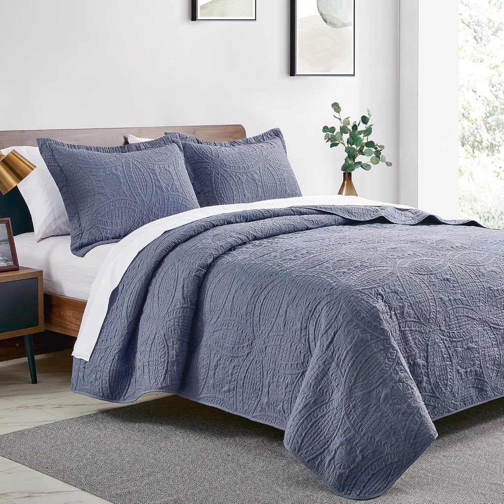 King Quilt Set Blue Bedspreads - Soft Bed Summer Lightweight Bedspread Comforter - Modern Style Coin Pattern Coverlet - Set of 3