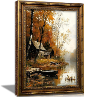 Vintage Gold Framed Wall Art, Autumn Lake Cabin with Boat Oil Painting Print, Rustic Fall Landscape Decor, Cabin