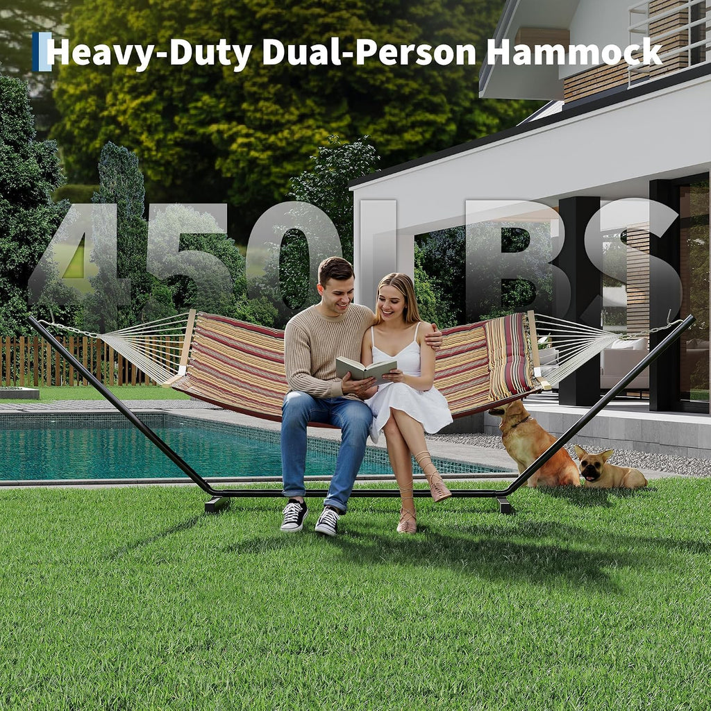 2 Person Heavy Duty Outdoor Hammock with Stand, Portable Double Hammock with Hardwood Spreader Bar, Pillow & Balance