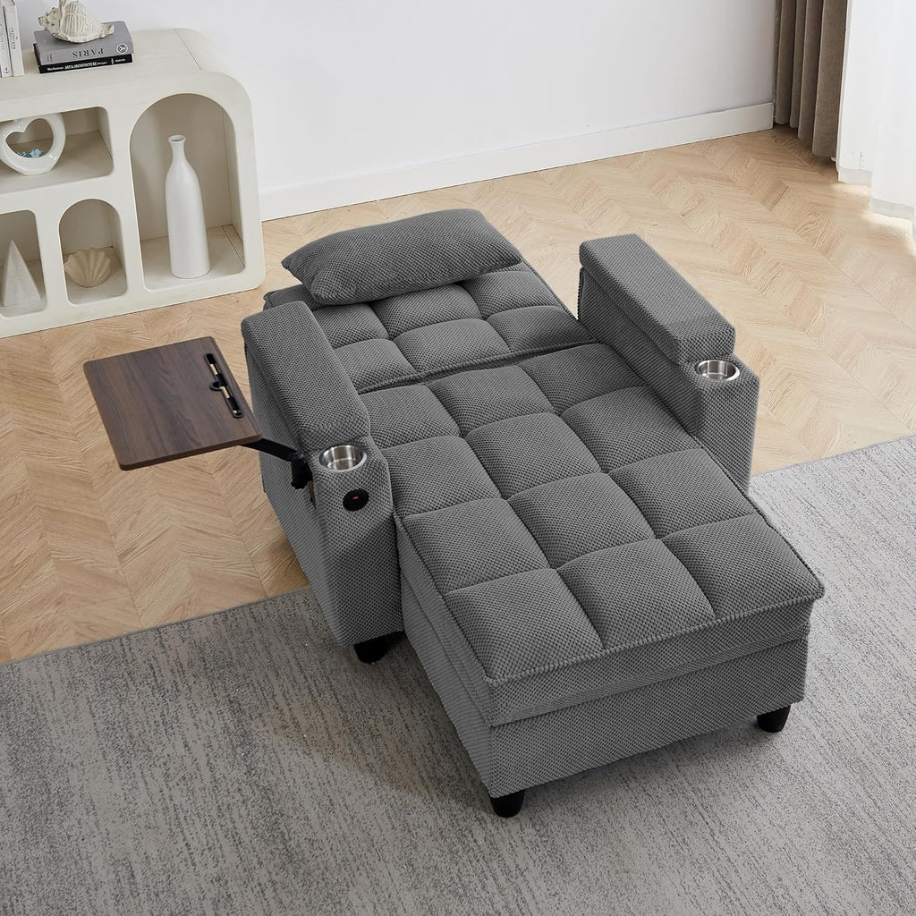 Convertible Chaise Lounge Sleeper Chair with Storage and 6-Position Reclining Backrest,Modern Tufted Recliner Lounge