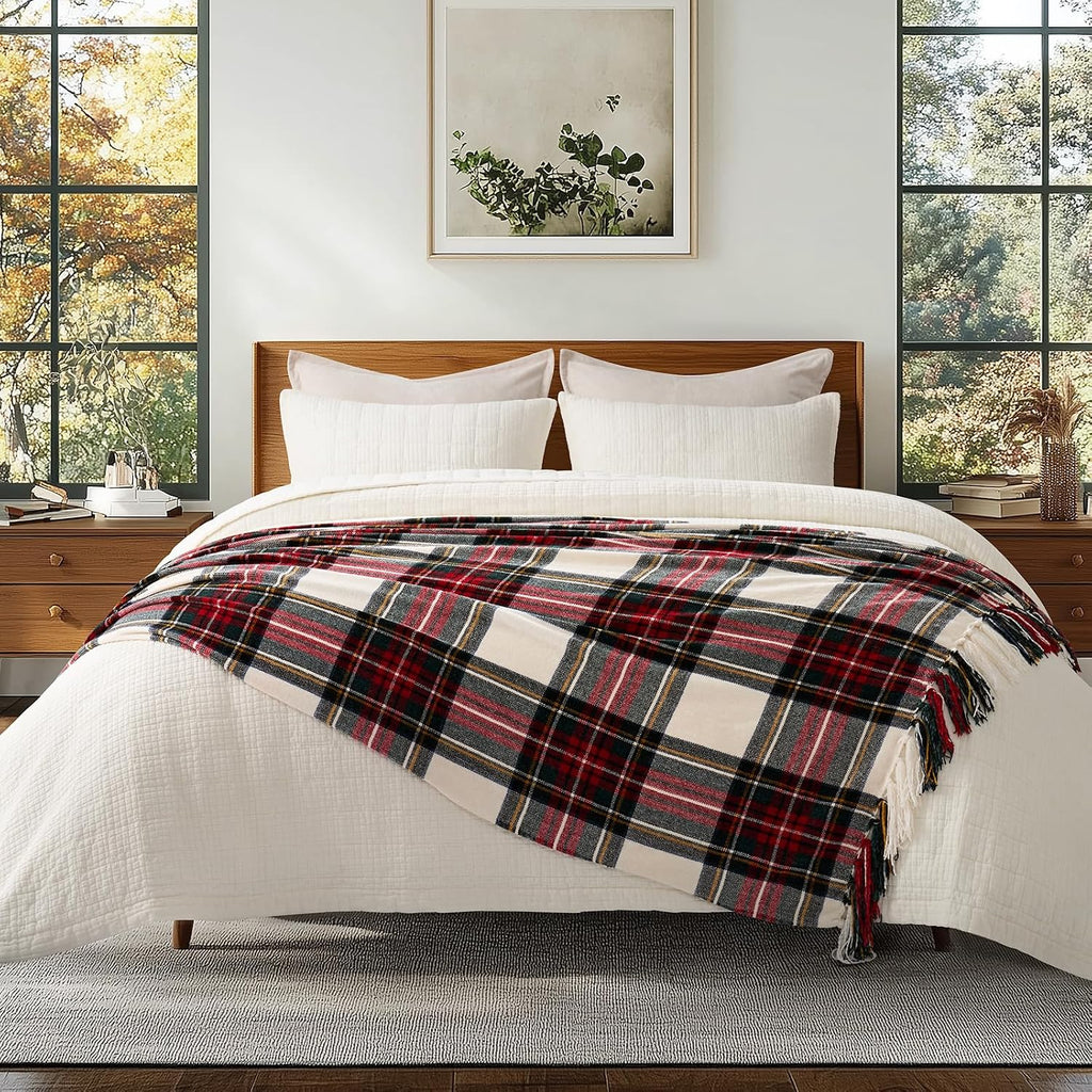 Chenille Christmas Throw Blanket, 60"x80", White Stewart Plaid