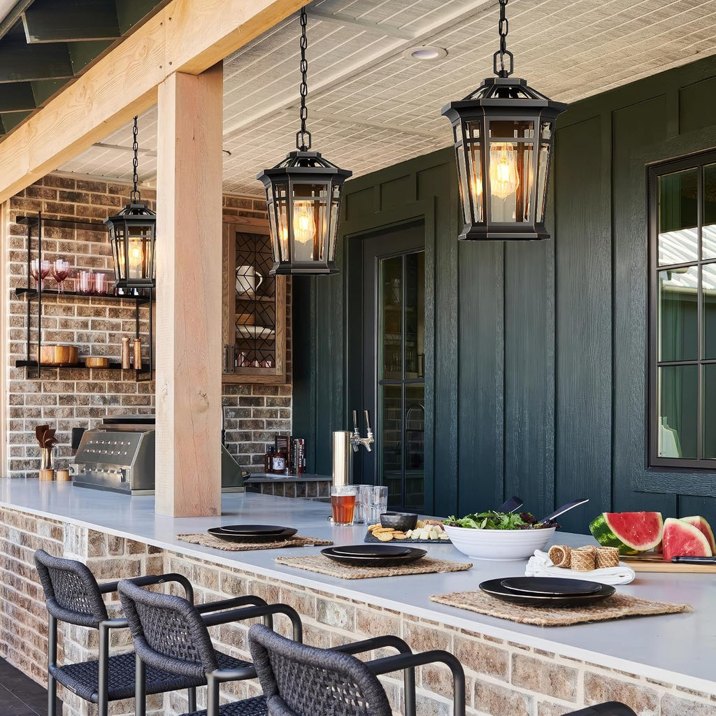 Large Outdoor Pendant Light with Adjustable Chain, Black Hanging Lights with Gold Trim