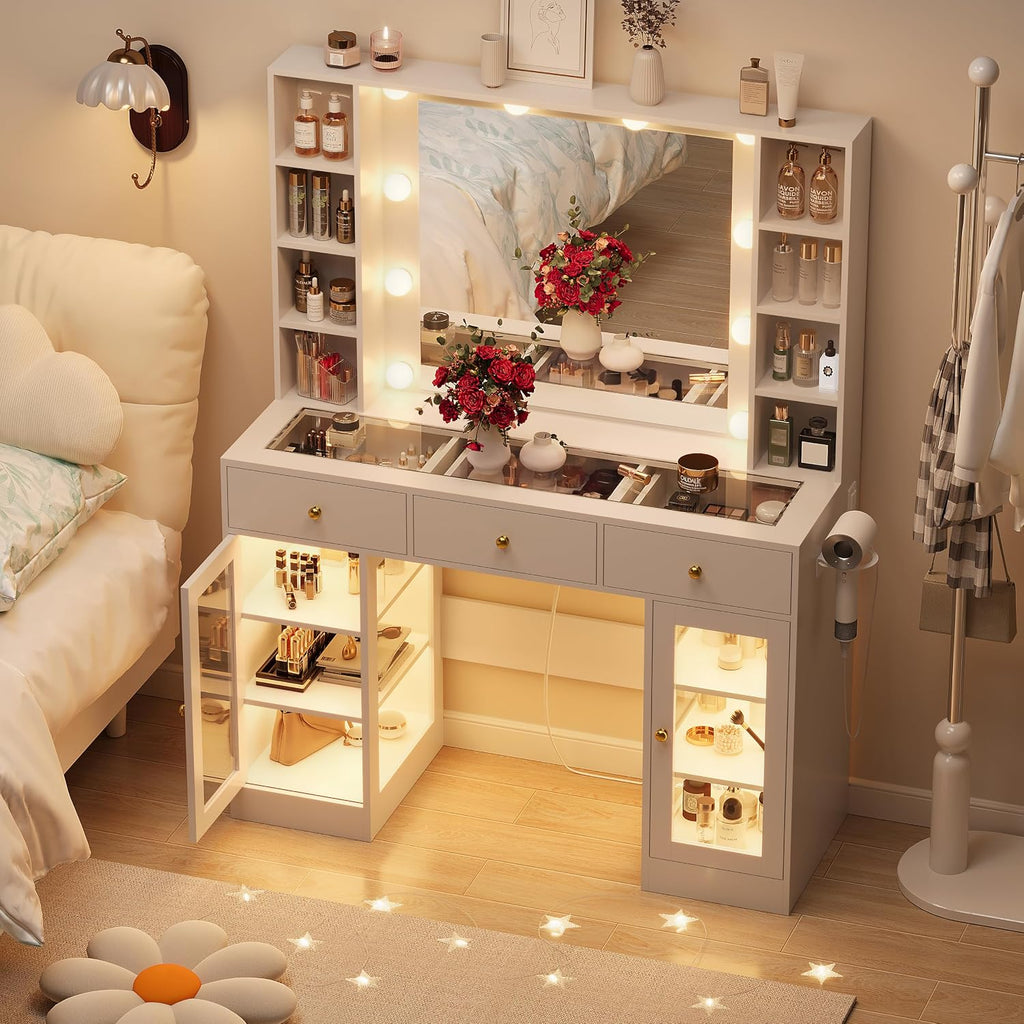 White Vanity Desk with Mirror and Lights, Glass Top Vanity with Lighted Mirror & RGB Glass Cabinet and 3 Drawers