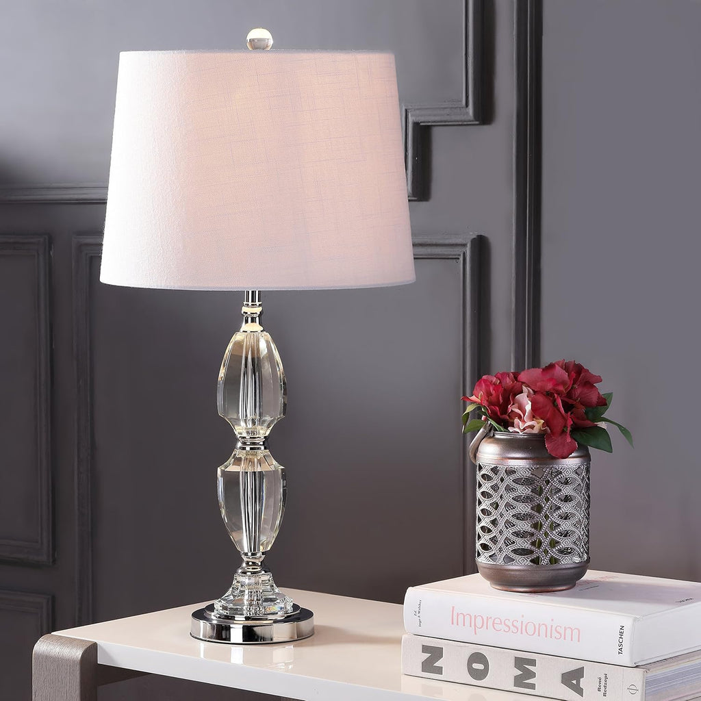 27" Clear Crystal LED Table Lamp, Traditional French Country Chrome Nightstand Lamp with White Linen Drum Shade