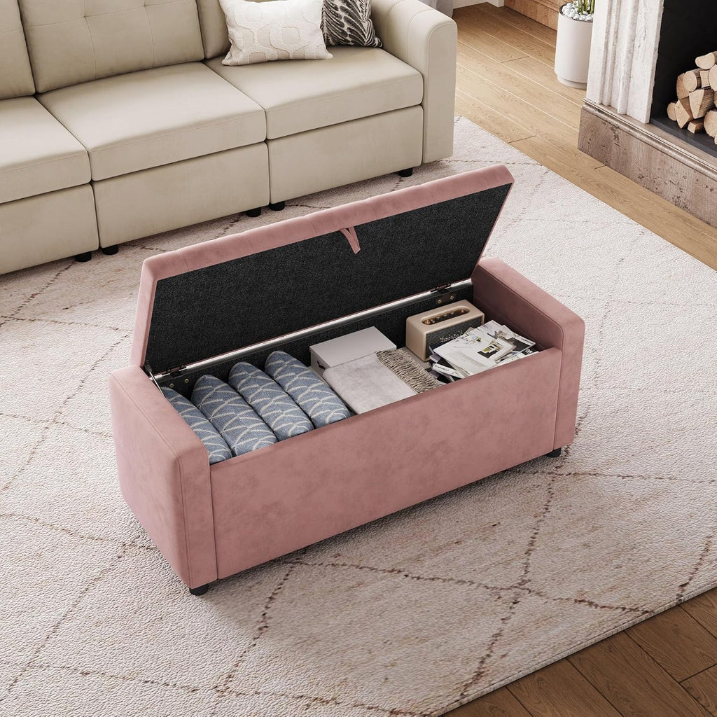 49" Velvet Ottoman with Storage, Upholstered End of Bed Storage Bench, Large Ottoman Foot Rest , Pink