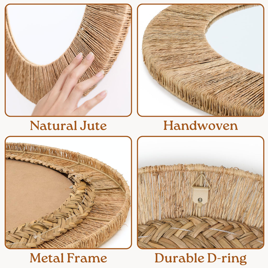24 inch Natural Jute Round Wall Mirror, Boho Decor Wall Mirror