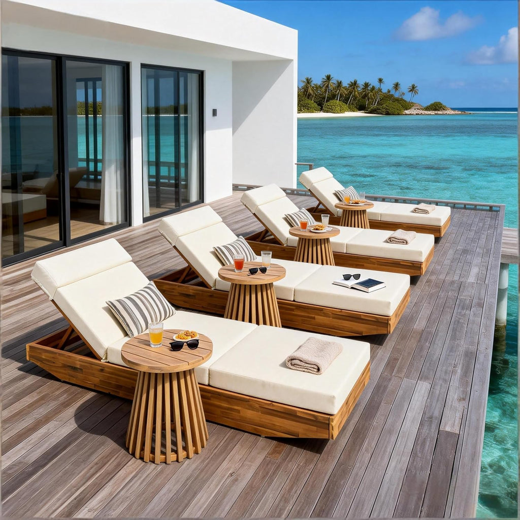 Modern Acacia Wood Outdoor Chaise Lounge with Dark Gray Water-Repellent Cushion & Integrated Headrest, Adjustable