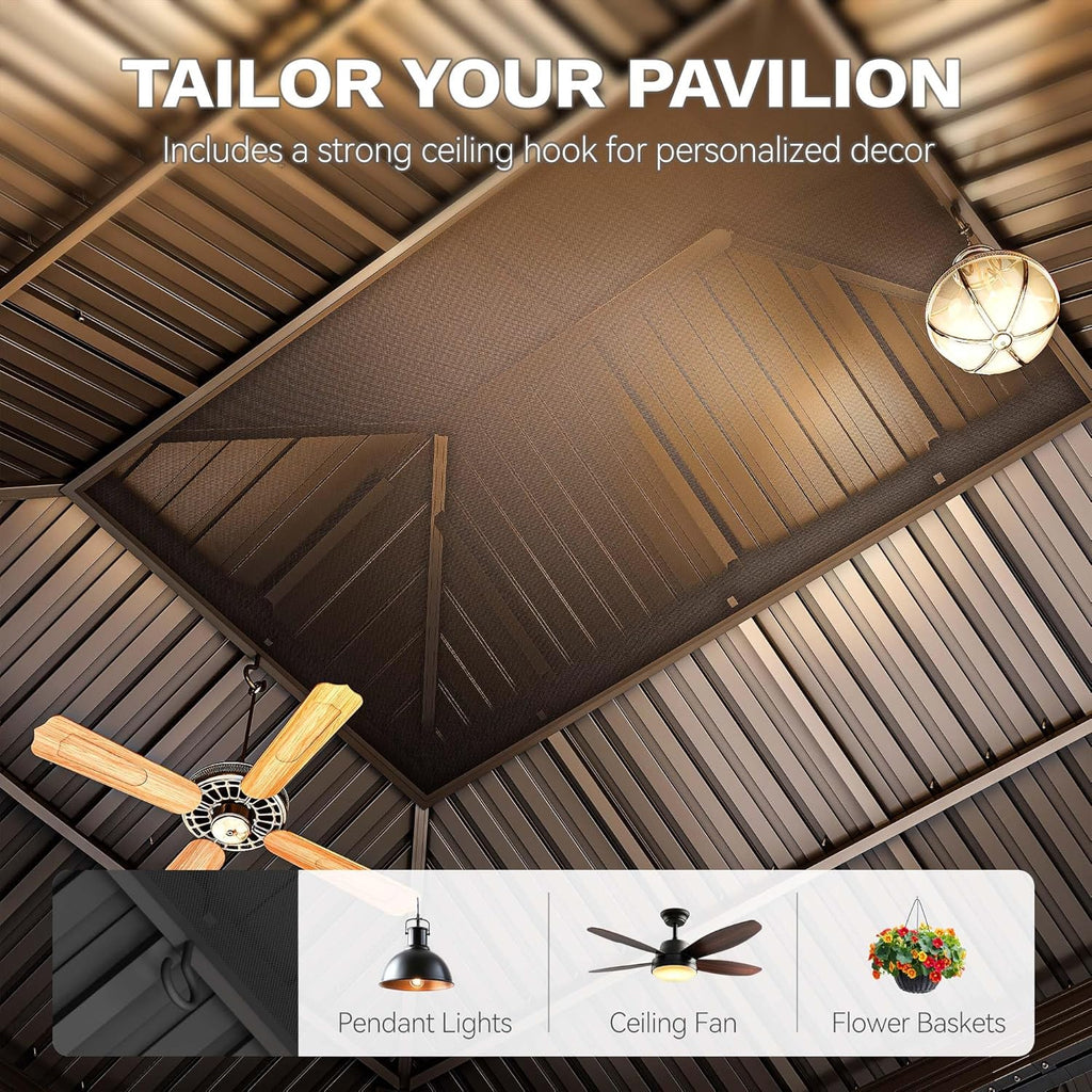 14x12FT Gazebo Hardtop Outdoor Double Roof with Nettings and Curtains