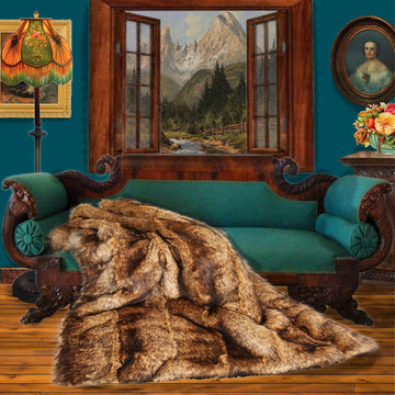 Plush Throw - Luxurious Pieced Fur Blanket - Golden Brown Wolf - Premium Quality Faux Fur - Designer Throw Blanket