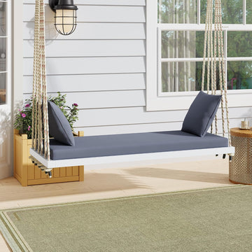 White Wooden Porch Swing Bed with Thick Grey Cushion, 2-Seater Hanging Daybed Swing with Braided Ropes, Outdoor Patio