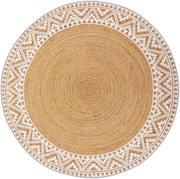 Premium Natural Jute Braided Area Rug, 6-feet Round, White Printed Border, Stain Resistance, Natural Handmade Rug s