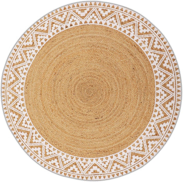 Premium Natural Jute Braided Area Rug, 6-feet Round, White Printed Border, Stain Resistance, Natural