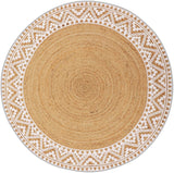 Premium Natural Jute Braided Area Rug, 6-feet Round, White Printed Border, Stain Resistance, Natural
