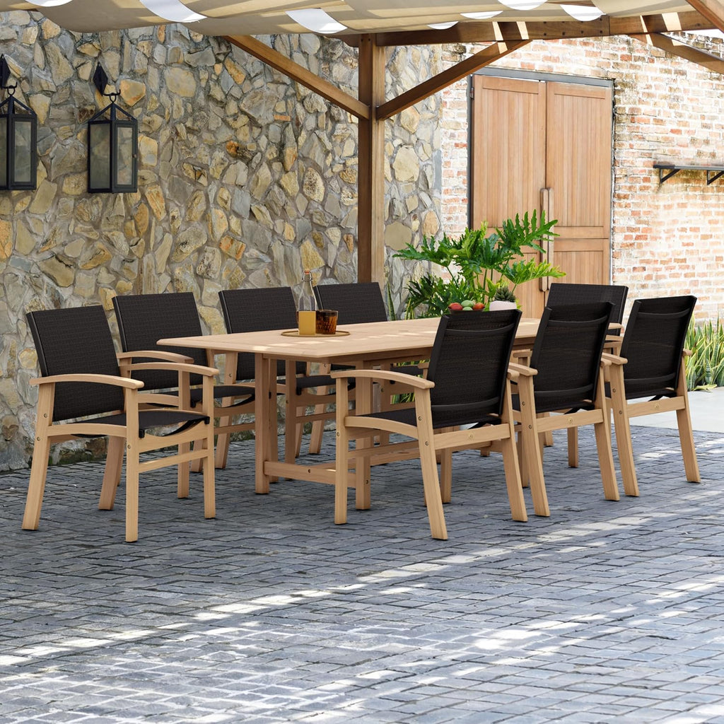 Georgetown 9 Piece Teak Extendable Rectangular Dining Set with Black Sling Chairs