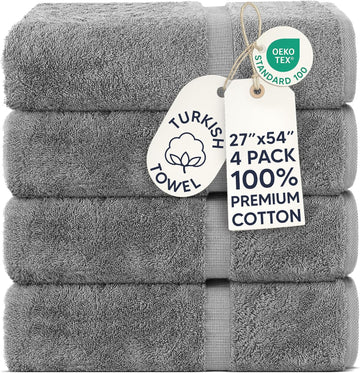 4 Piece Bath Towel Set, 100% Cotton Luxury Turkish Towels , Soft Absorbent Bath Towels, 27 x 54 Inches, Gray