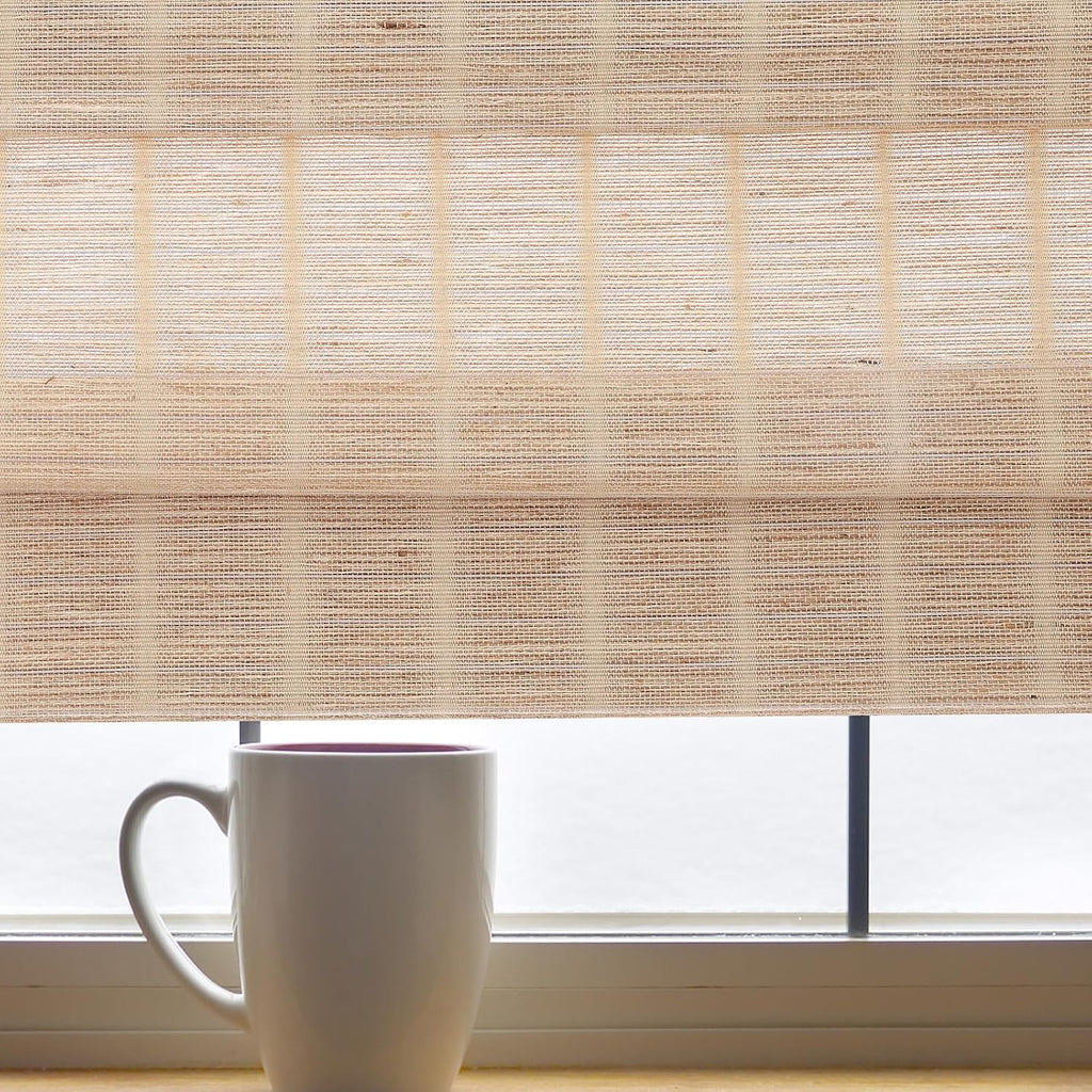 Cordless Bamboo Roman Shades for Windows with Borders, Natural Woven Wood Shades with 6 Inches High Valance, Custom