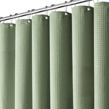 Fabric Shower Curtain, Waffle Weave 230 GSM Polyester, Weighted Hem, Metal Hooks Included, Water Repellent Washable