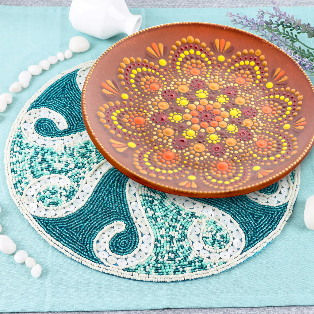 Beaded Placemats 13 Inch Teal Ivory Round Table Mats