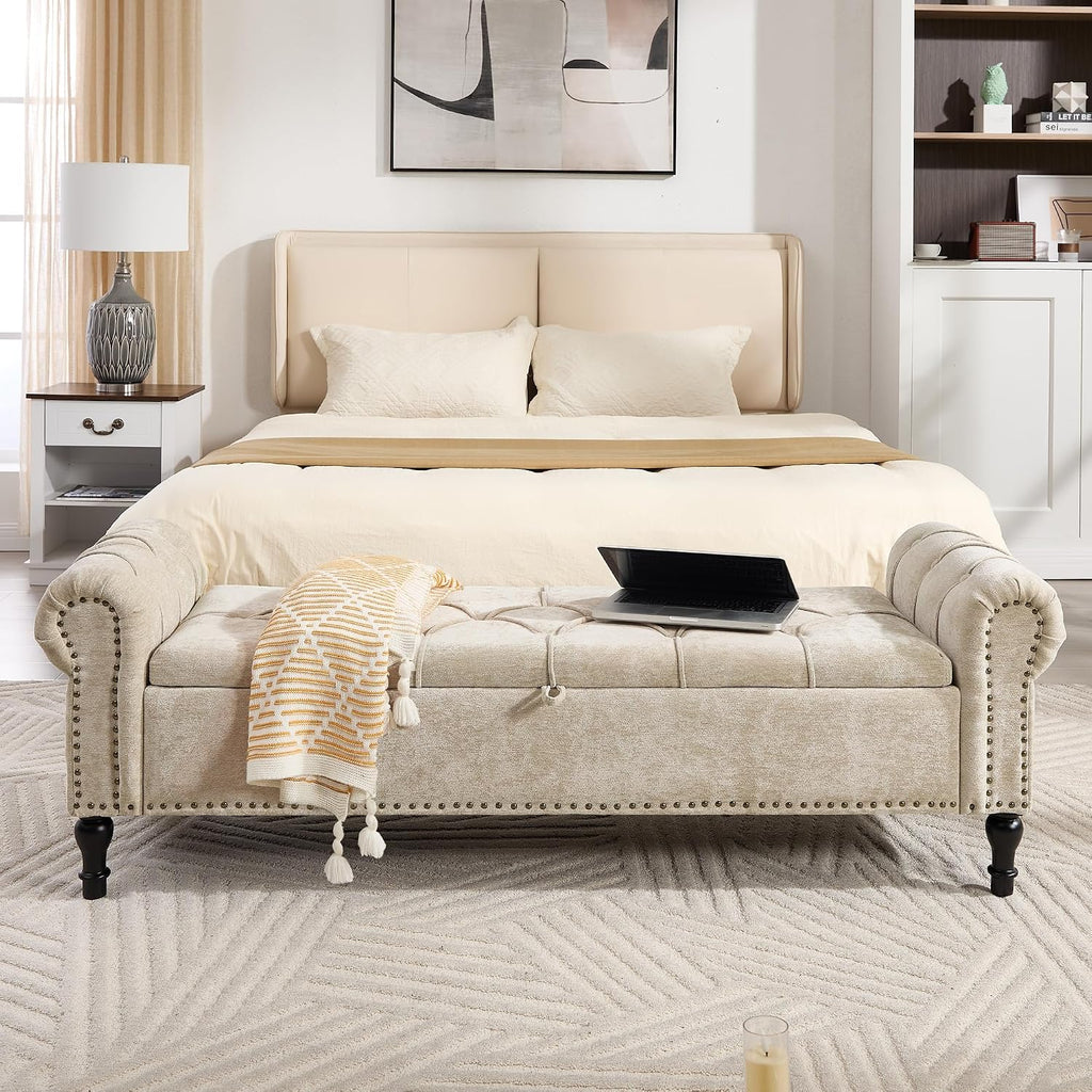 Storage Bed Bench , Chenille 67" End of Bed King Size Benches with Armrest, Tufted Button Upholstered Ottoman Bench