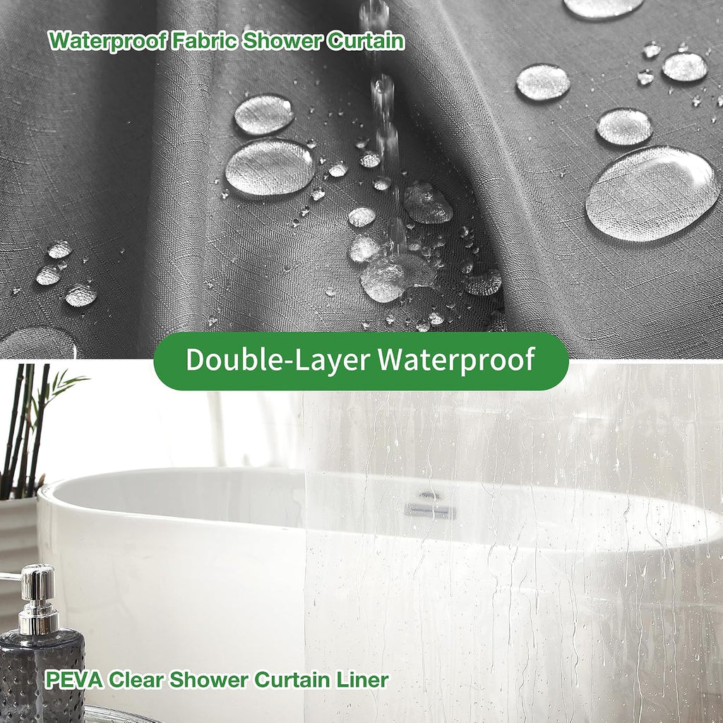 Grey Shower Curtain and Liner, 3 in 1 Shower Curtain Set with 12 Double Sided Shower Curtain Hooks, Cloth Shower