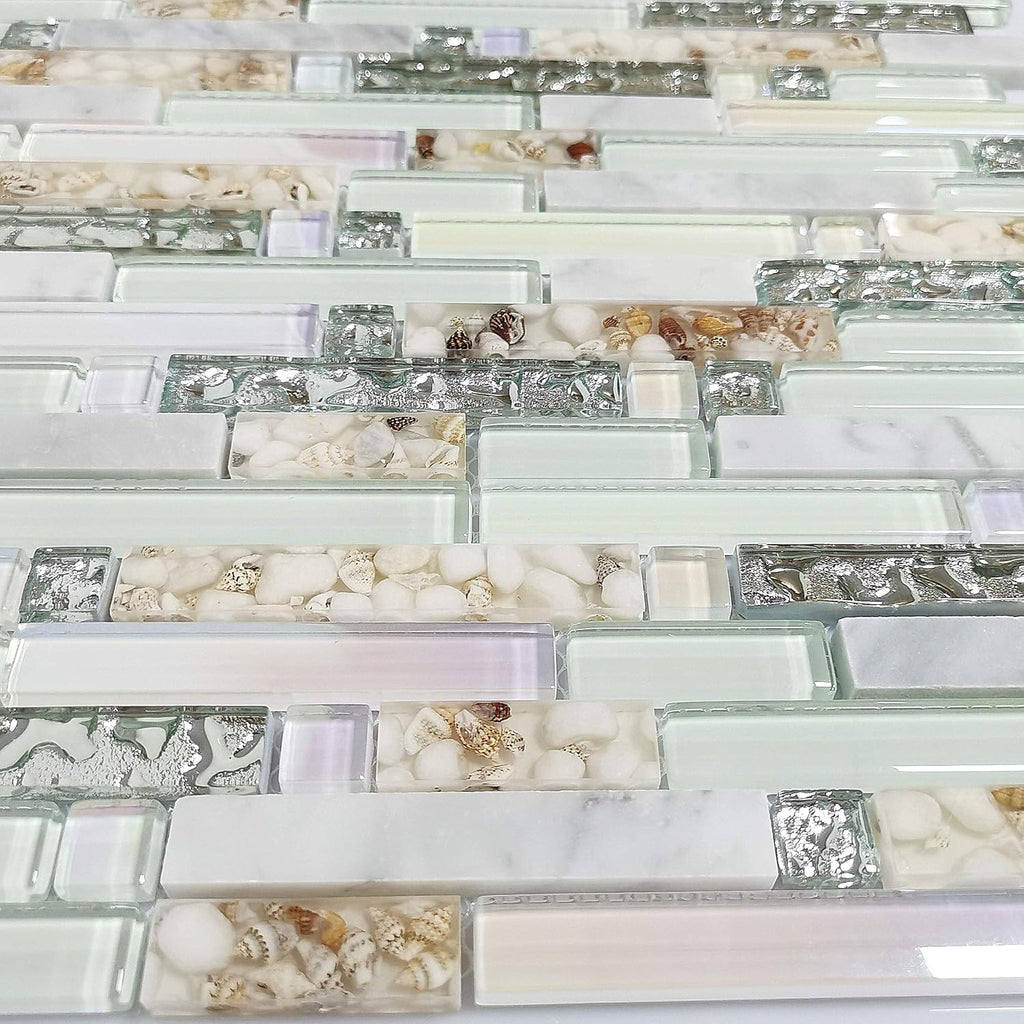 Beach Style Wall Tile Mosaic Kitchen Backsplash Tiles Green Bathroom Silver Glass Conch Stone White Marble Iridescent - Set of 11