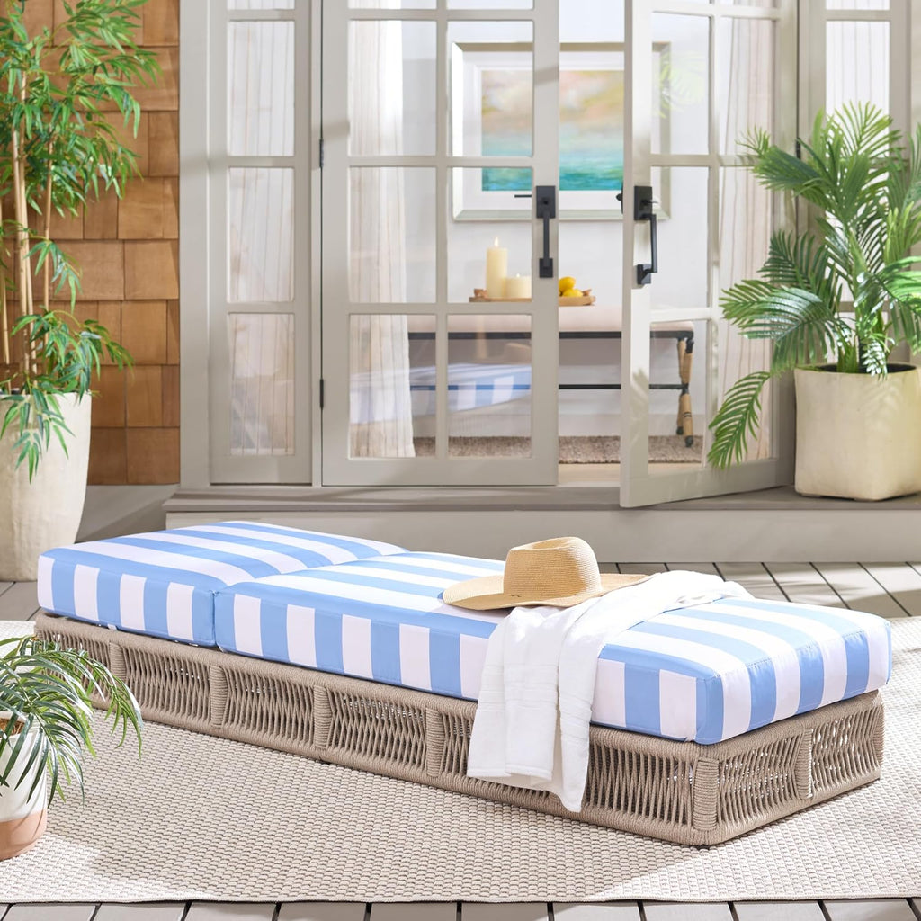 Outdoor Chaise Lounge Chair - Heather Tan & Baby Blue Stripe - Steel and Woven Rope - Adjustable 5-Position