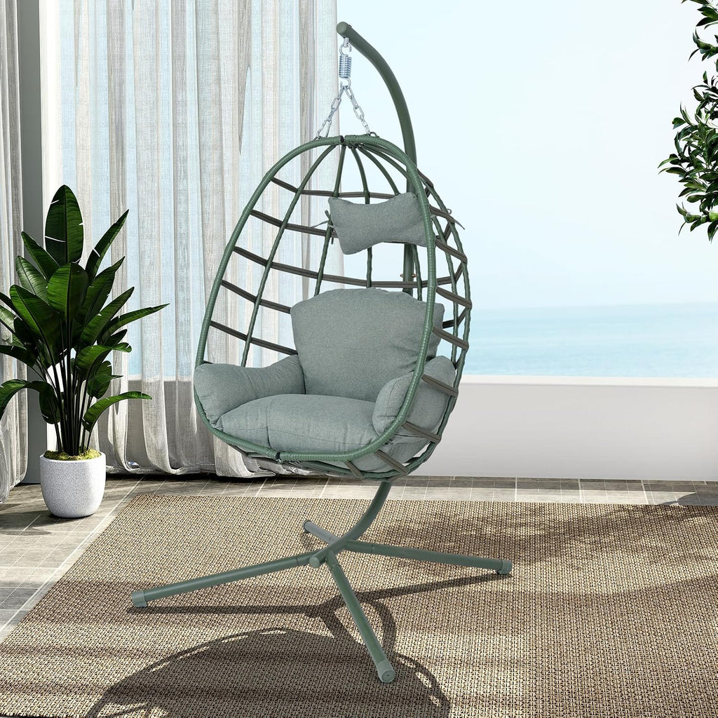 Hanging Egg Chair with Stand Outdoor Indoor Patio Rattan Swing Hammock Chairs with Washable Cushion 350lbs Capacity