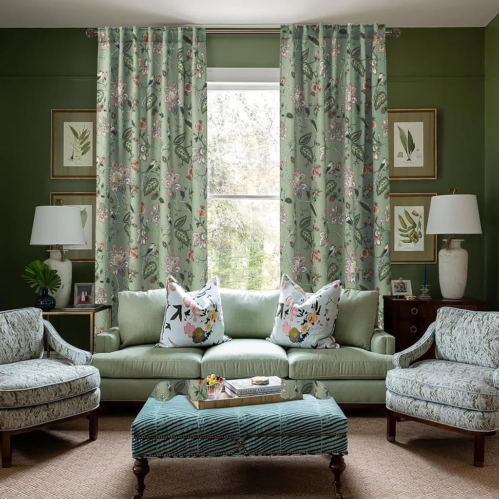 Green and White Curtains 2 Panel Set for Bay Window,70% Blackout Eclectic Art Nouveau Print Floral