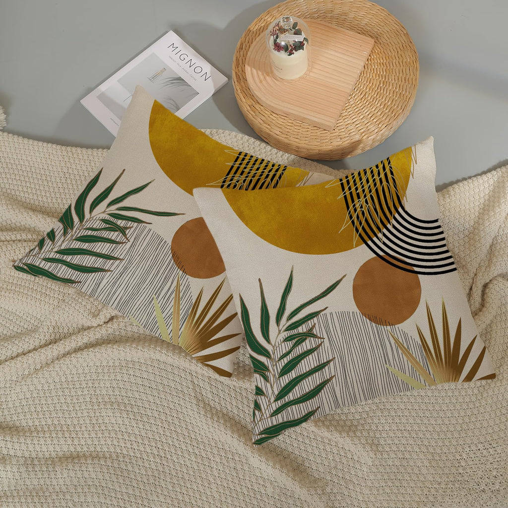 Mustard Yellow Boho Pillow Covers 20x20 Inch 2 Pcs Tropical Leaf Mid Century Outdoor Decor Throw Pillows Modern